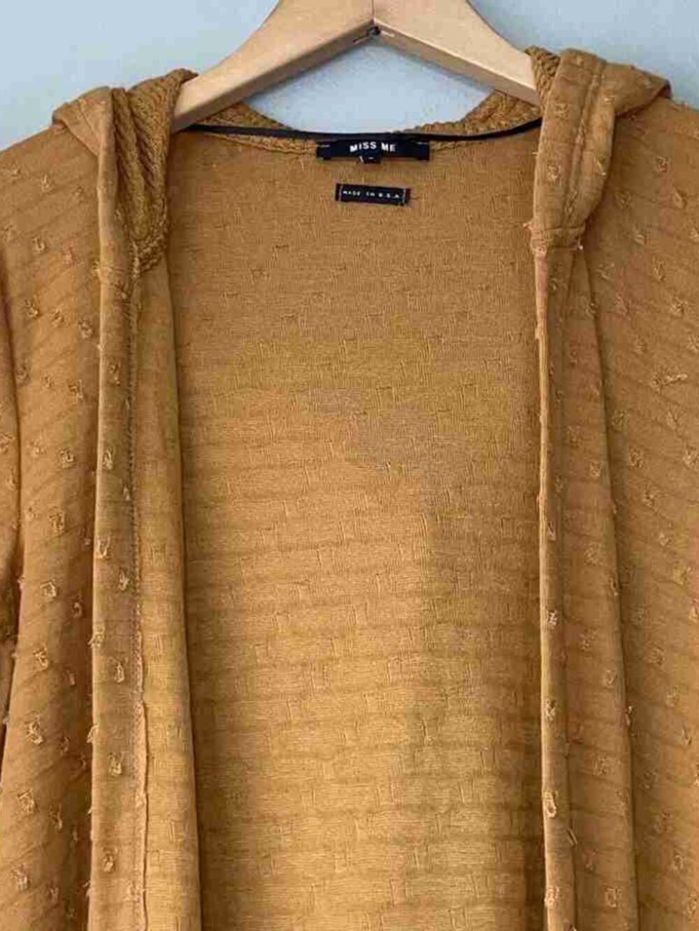 Mustard Yellow Textured Hooded Waterfall Open Cardigan Waffle Cuffs Pockets - Picture 4 of 5